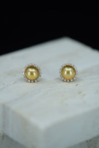 Urbaine | Golden South Sea Near-Round Pearl and Diamond Earrings in 18K Yellow Gold