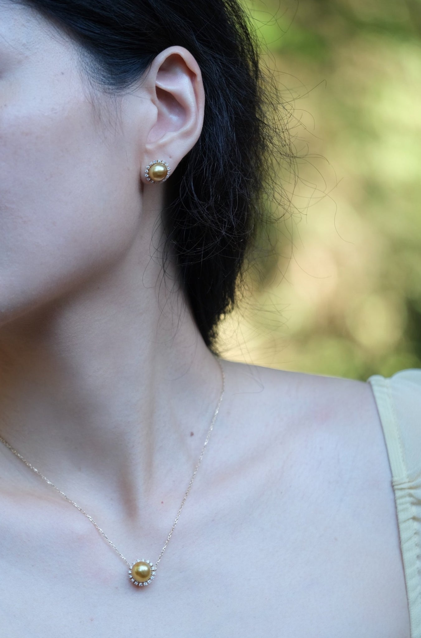 Urbaine | Golden South Sea Near-Round Pearl and Diamond Earrings in 18K Yellow Gold