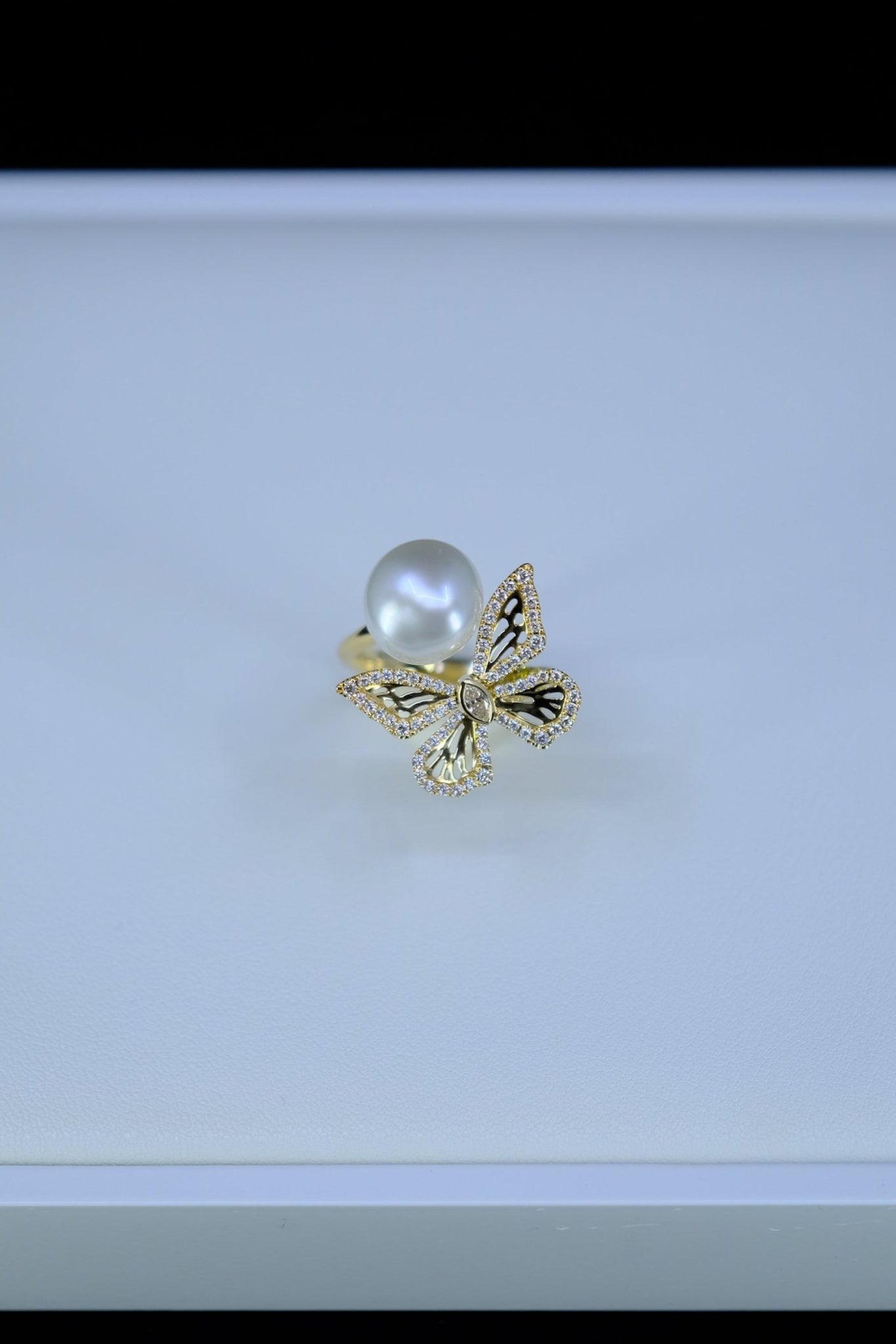 AUTORE Jewelry | White South Sea Pearl & Diamond Papillon Ring in 18K Yellow Gold