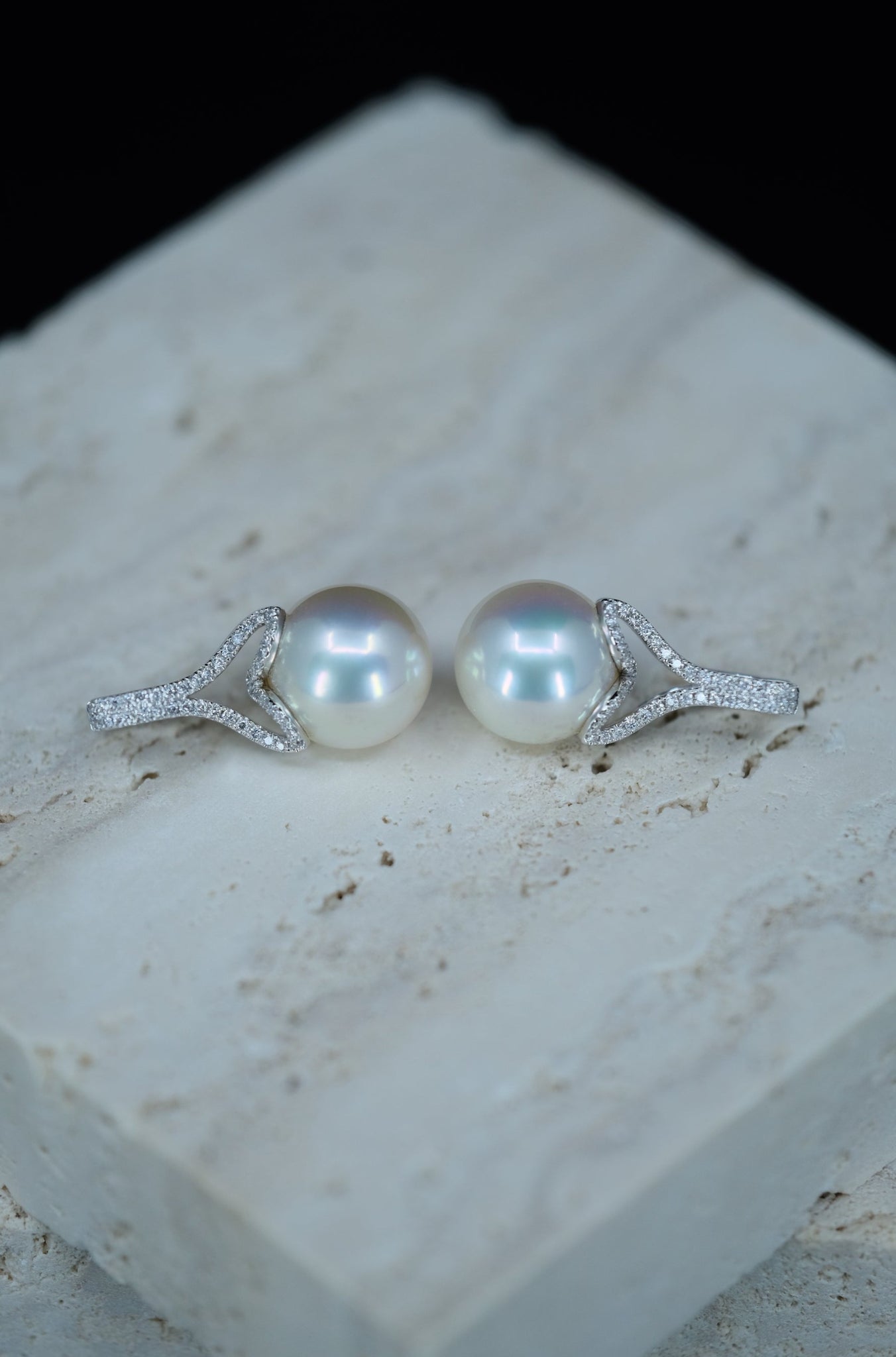 Noble | White South Sea Pearl and Diamond Earrings in 18K White Gold