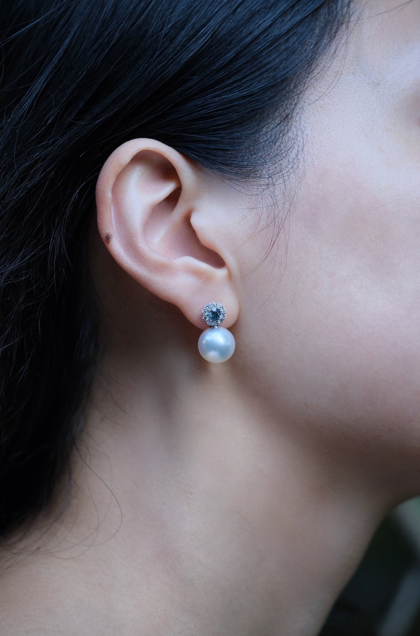 Nuits D'été | White South Sea Pearl & Diamond & Montana Sapphire Earrings in 18K White Gold