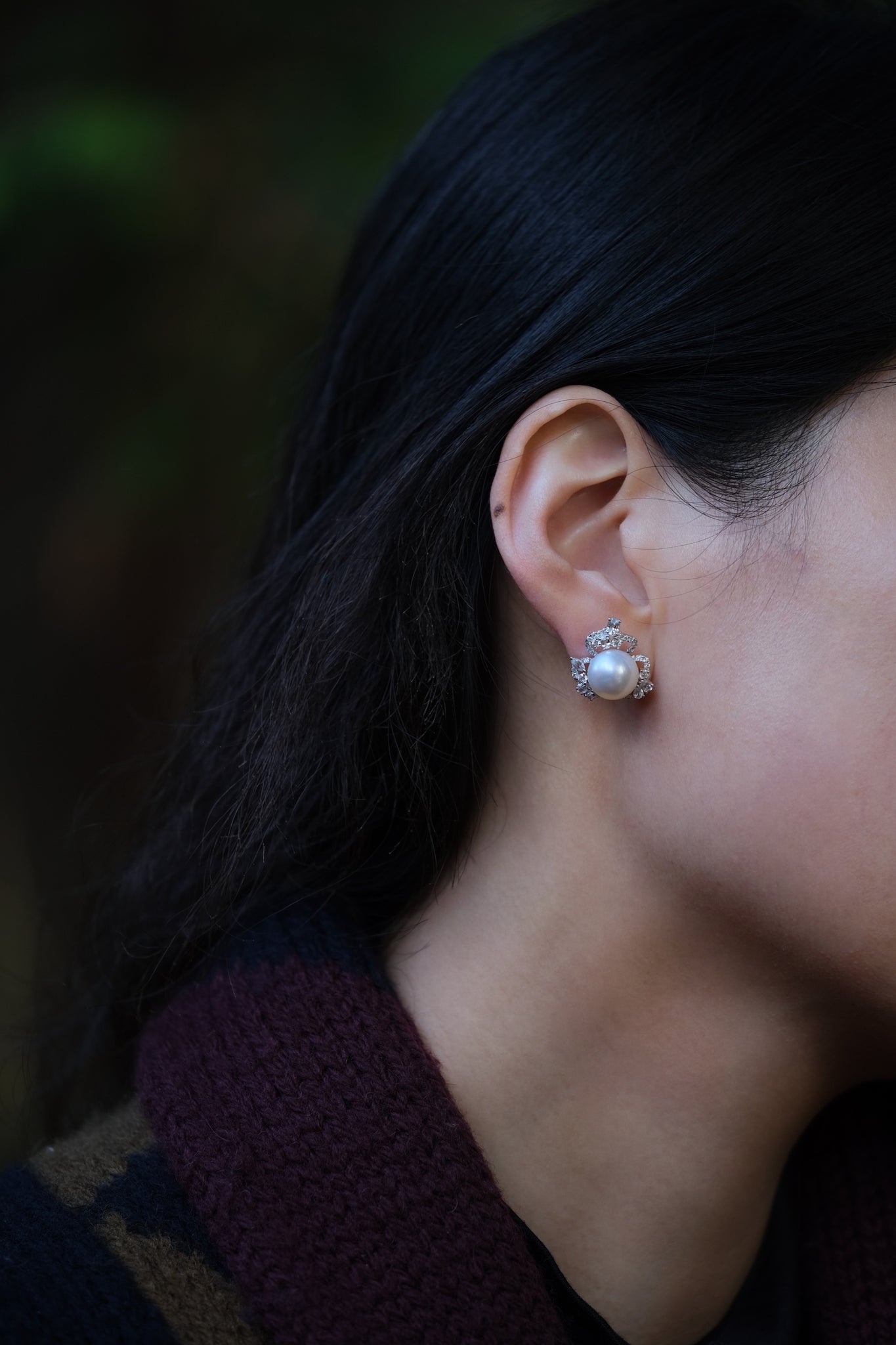 Bespoke Archive | White South Sea Button Pearl & Diamond & White Sapphire Earrings in 18K White Gold