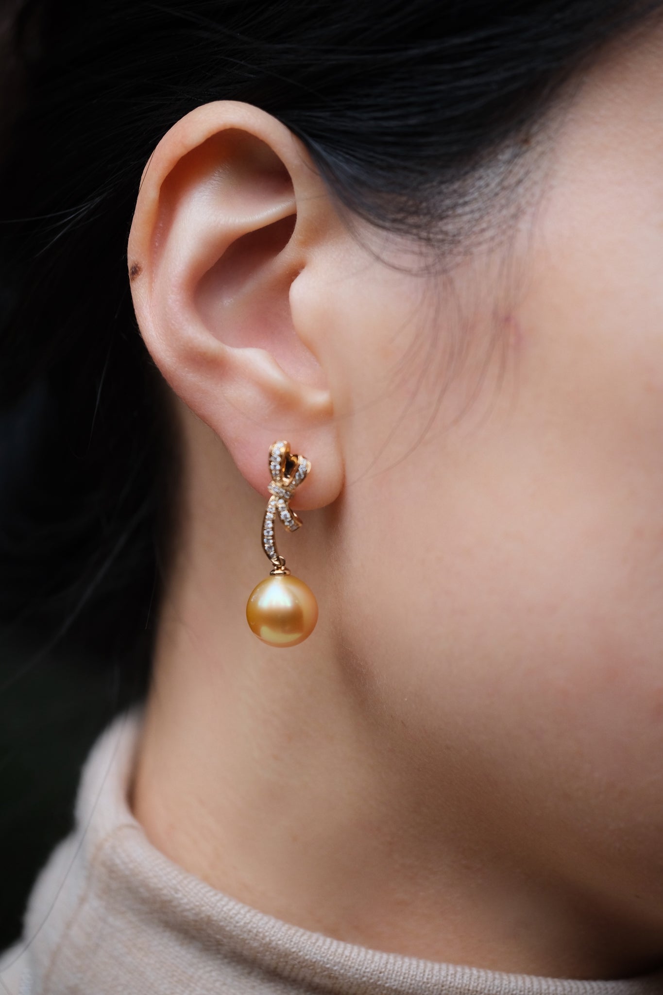 Papillon | Golden South Sea Oval Pearl and Diamond Earrings in 18K Yellow Gold