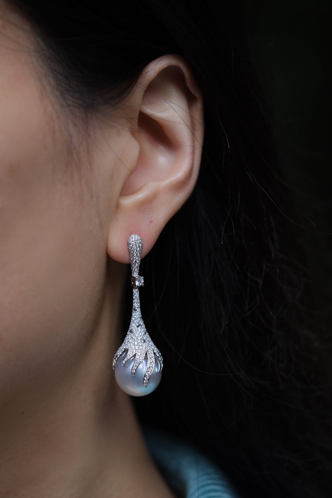 Mélodie | White South Sea Pearl and Diamond Earrings in 18K White Gold