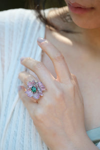 Mélodie | Emerald & Pink Sapphire & Diamond Ring in 18K White Gold